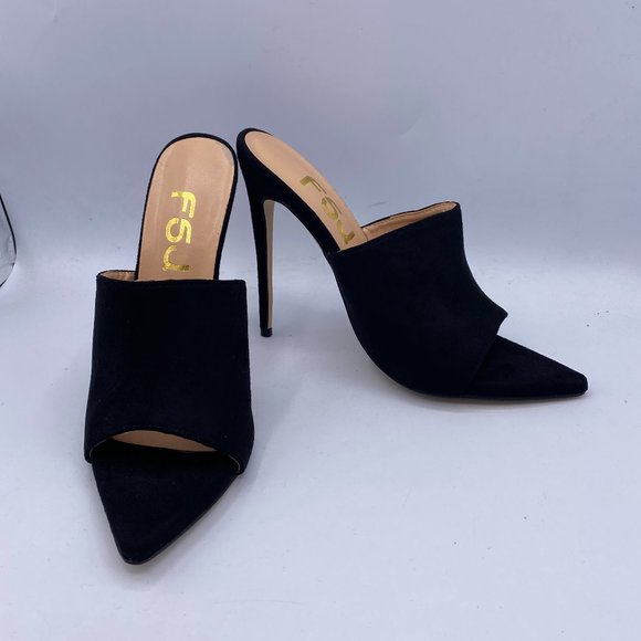 FSJ Black Suede High Heels Sandals Open Toe Mules Sexy Slide Shoes - Picture 4 of 11